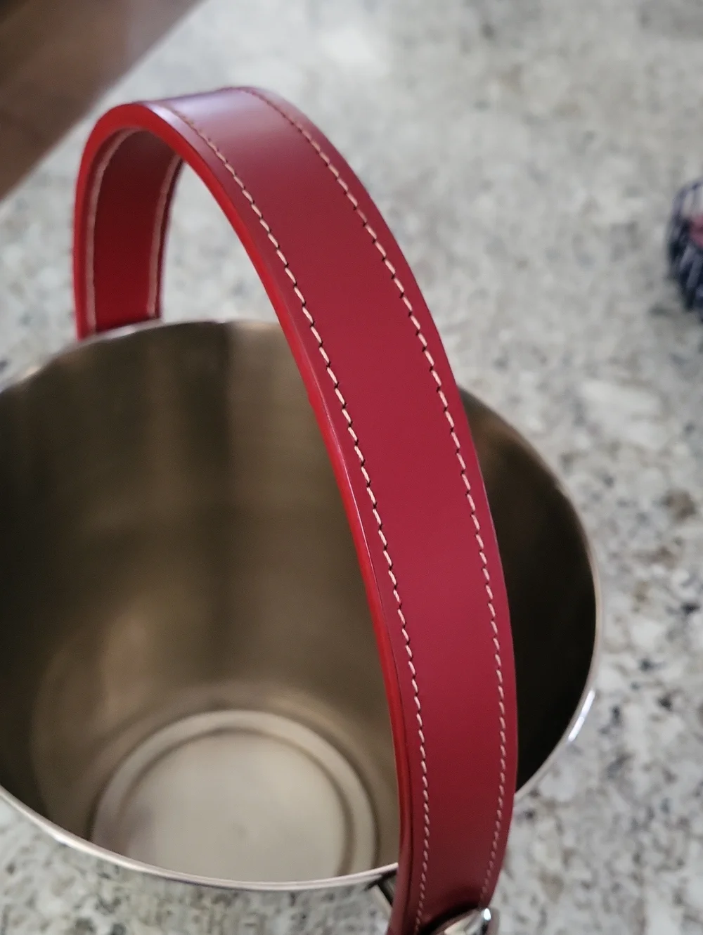 Crate&Barrel Stainless Steel Ice Bucket with Red Leather Handle
